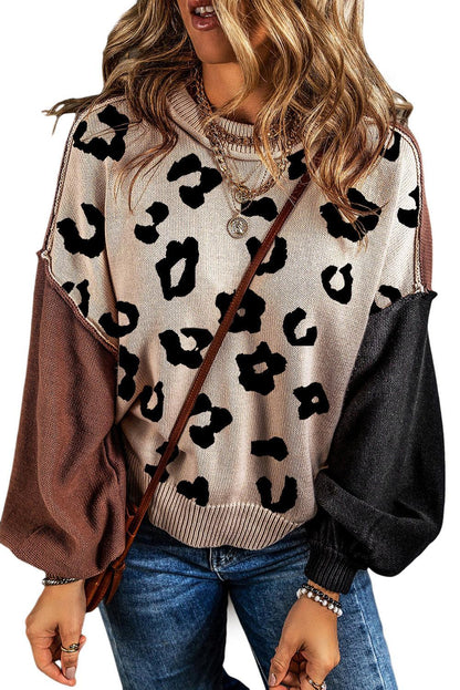 Coffee Leopard Print Colorblock Pullover Sweater - L & M Kee, LLC