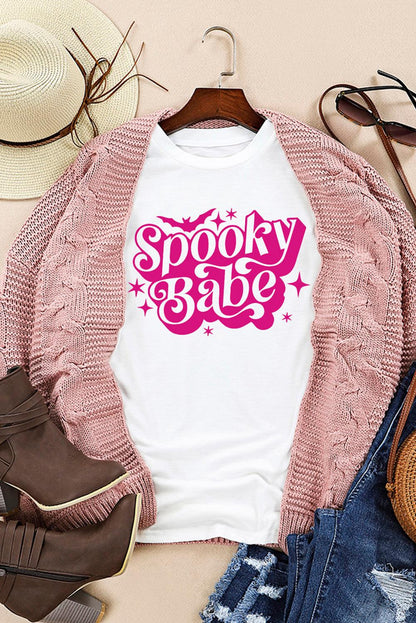 White Spooky Babe Bat Print Halloween Crewneck T Shirt - L & M Kee, LLC