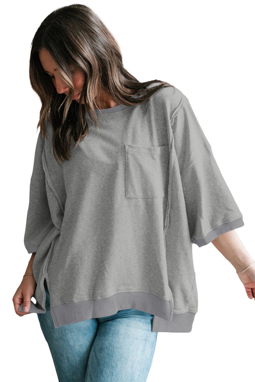 Light Grey Exposed Seam Chest Pocket Split Loose T Shirt
