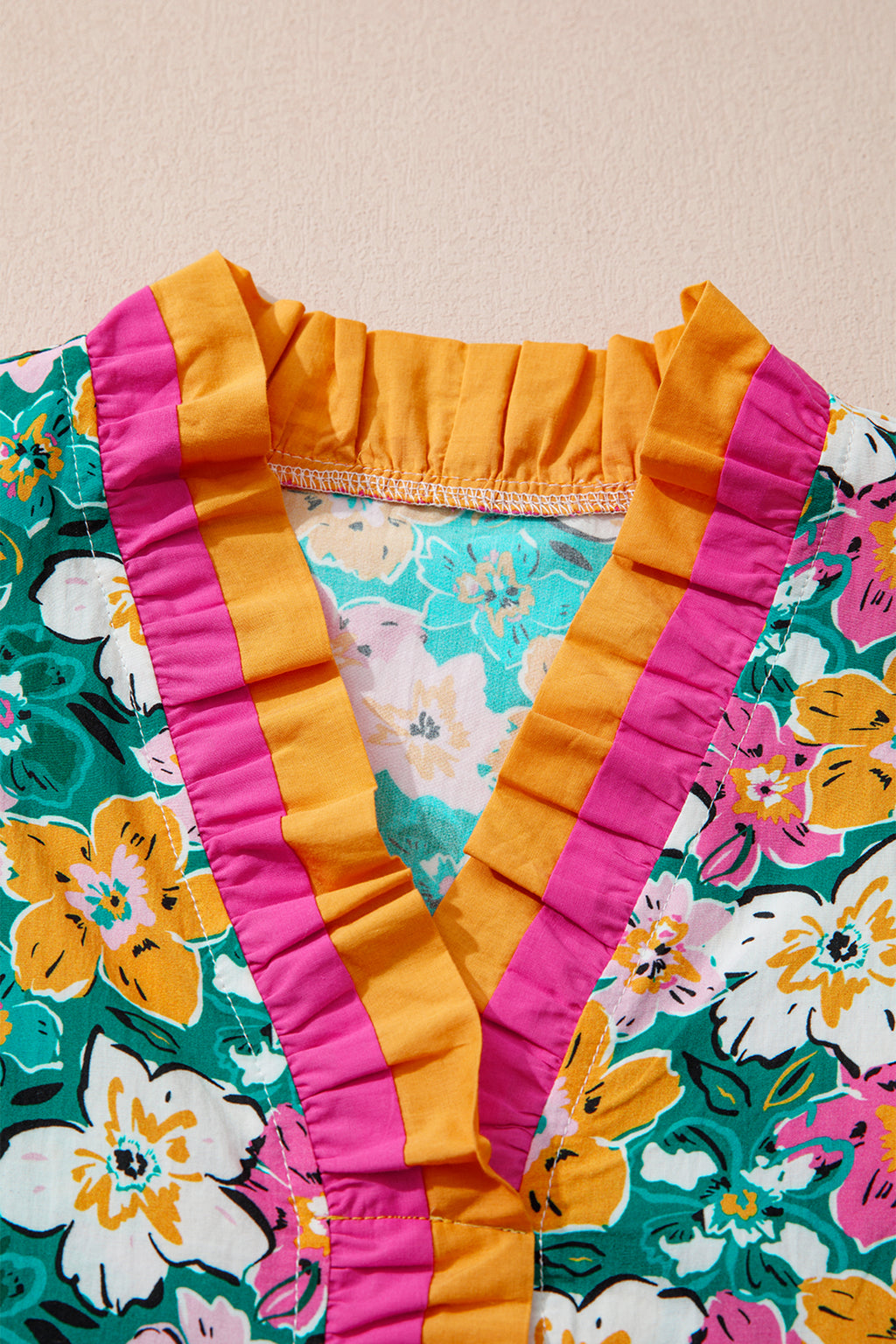 Green Floral Print Contrast Trim Frilled V Neck 3/4 Sleeve Blouse