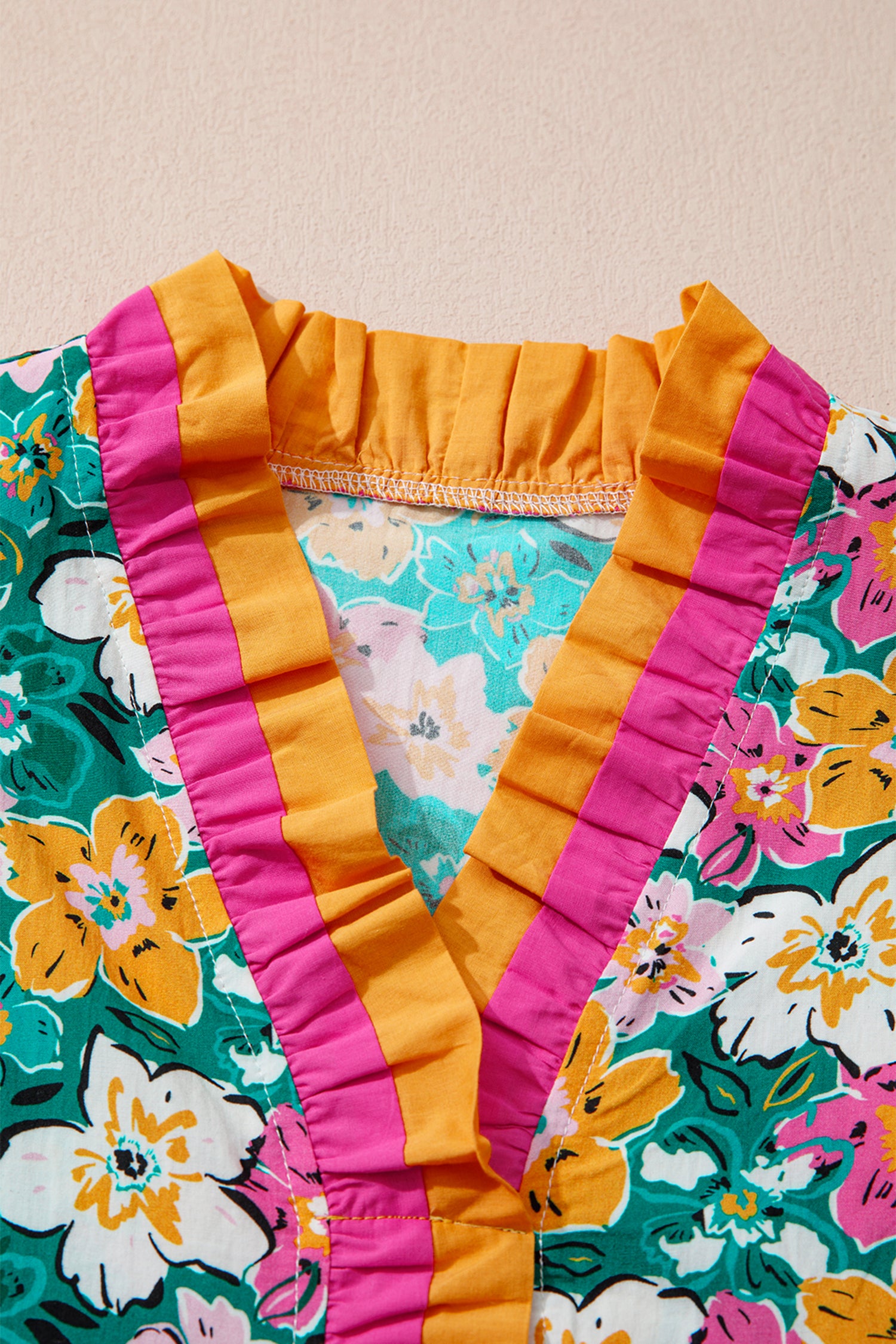 Green Floral Print Contrast Trim Frilled V Neck 3/4 Sleeve Blouse