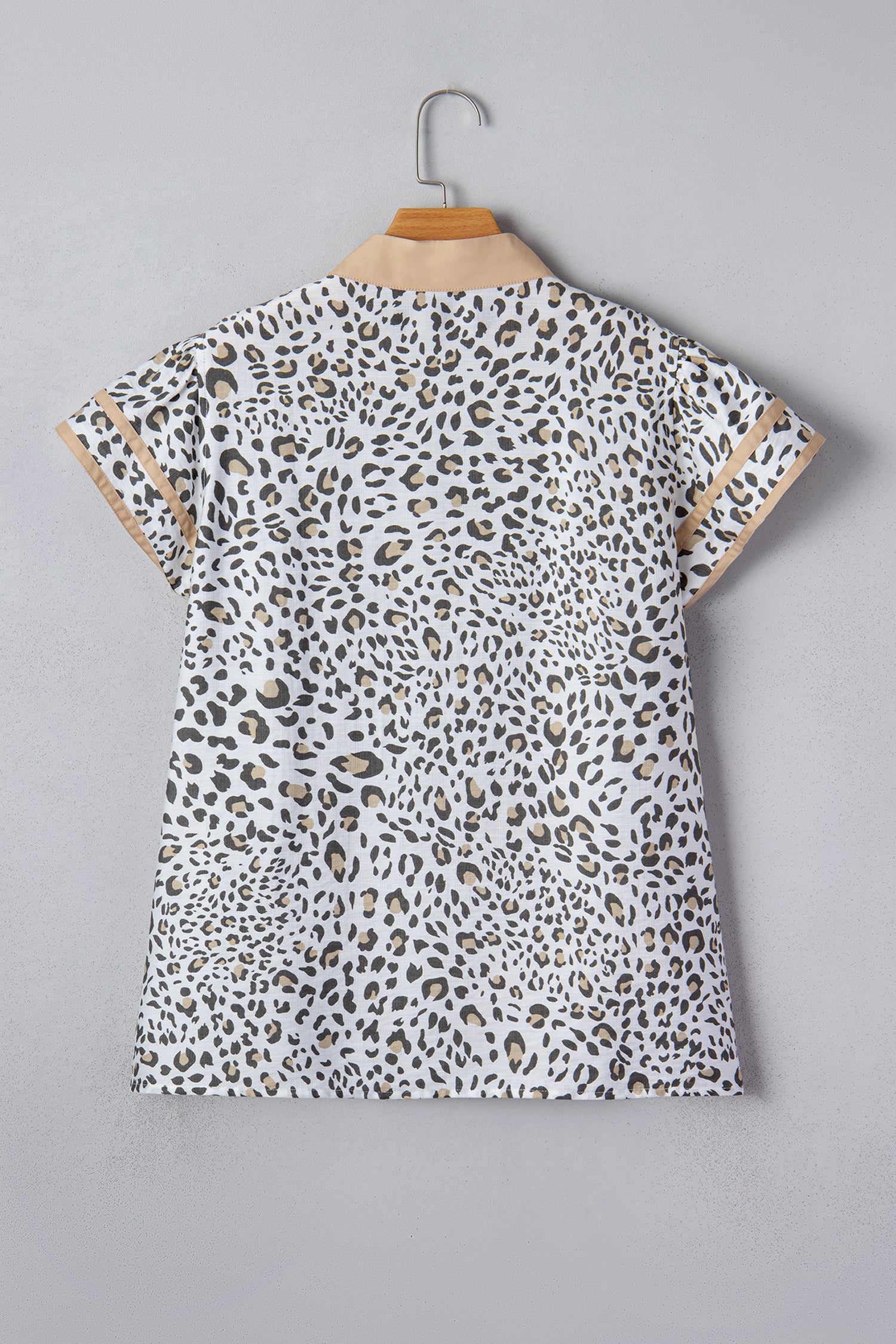 White Leopard Printed Color Block Patchwork V Neck Cap Sleeve Blouse