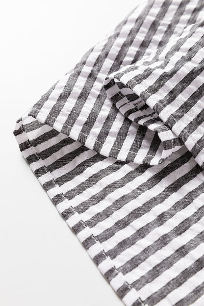 Dark Grey Striped Print Contrast Patchwork Detail Split Neck Blouse