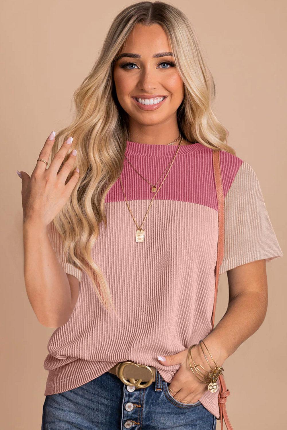 Pink Rib Textured Colorblock T Shirt