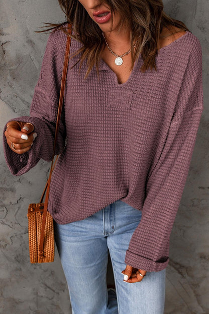 Dusk Blue Waffle Knit Loose Long Sleeve Top - L & M Kee, LLC