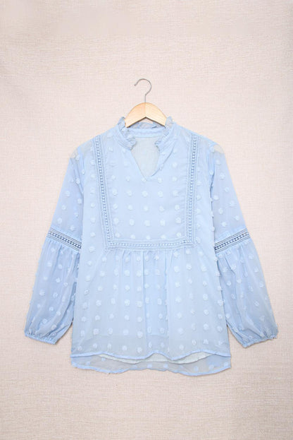 Blue Ruffled Split Neck Lace Hollow Out Puff Sleeve Polka Dot Blouse - L & M Kee, LLC