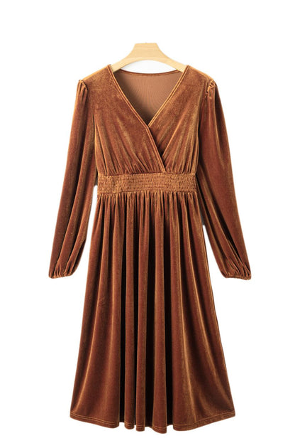 Camel Surplice V Neck Balloon Sleeve Velvet Dress - L & M Kee, LLC