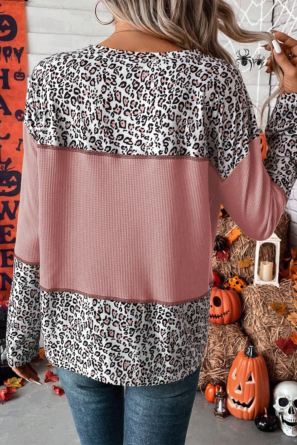 Light Pink Leopard Print Waffle Knit Patchwork Top - L & M Kee, LLC