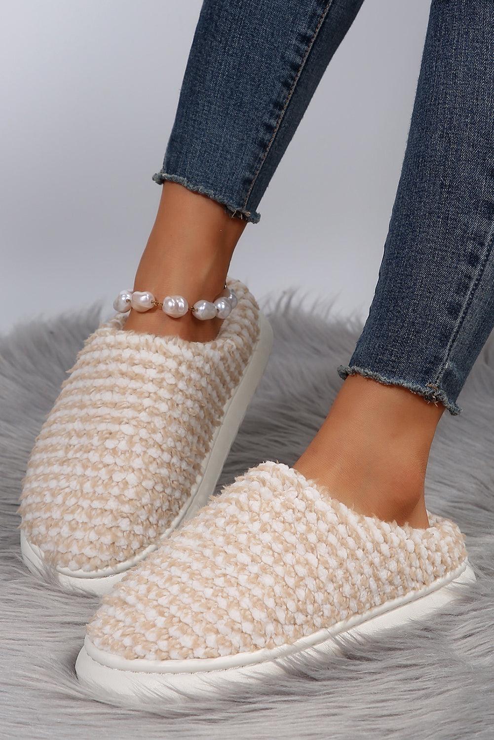 Apricot khaki Two-tone Knitted Warm Homewear Slippers - L & M Kee, LLC