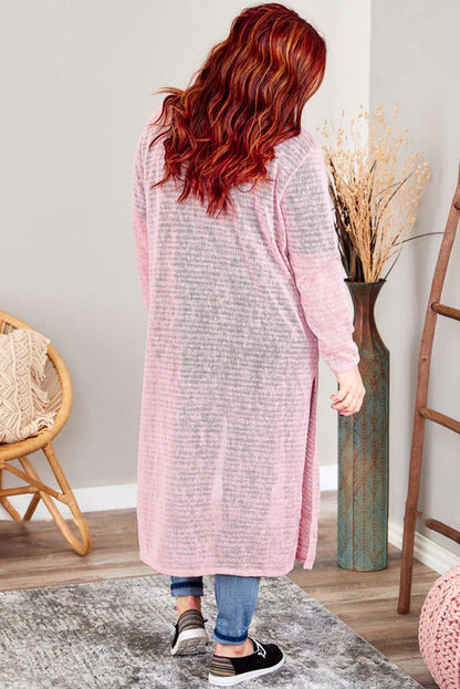 Pink Sheer Knitted Long Side Slit Plus Size Cardigan - L & M Kee, LLC