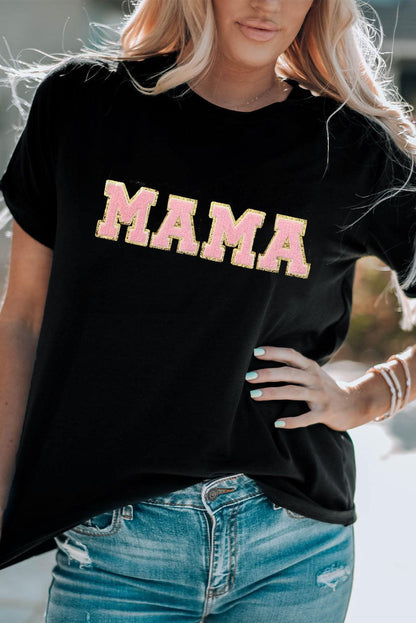 Black MAMA Chenille Graphic Tee - L & M Kee, LLC