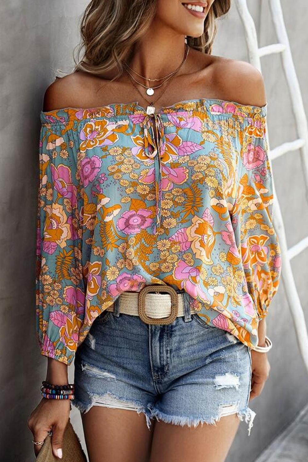 Blue Frilled Off Shoulder Floral Blouse - L & M Kee, LLC