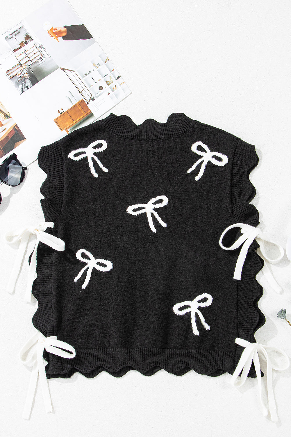 Black Bow Print Side Ties Scalloped Hem Sweater T Shirt