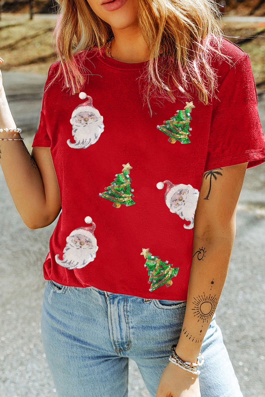 Red Santa Clause Christmas Tree Print Tee