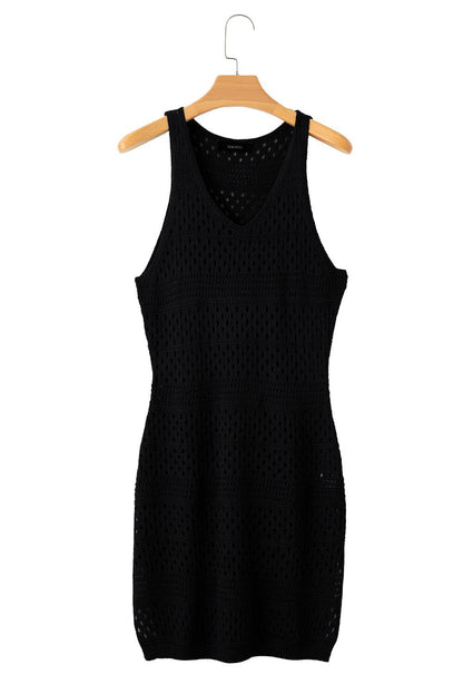 Black Hollow Out Crochet Cover Up Dress with Slits - L & M Kee, LLC