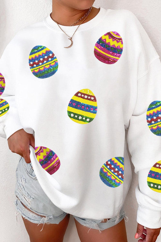 Beige Eater Egg Sequin Patched Crew Neck Sweatshirt
