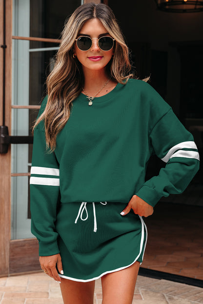 Evergreen Varsity Stripe Detail Drop Shoulder Pullover Mini Skirt Set