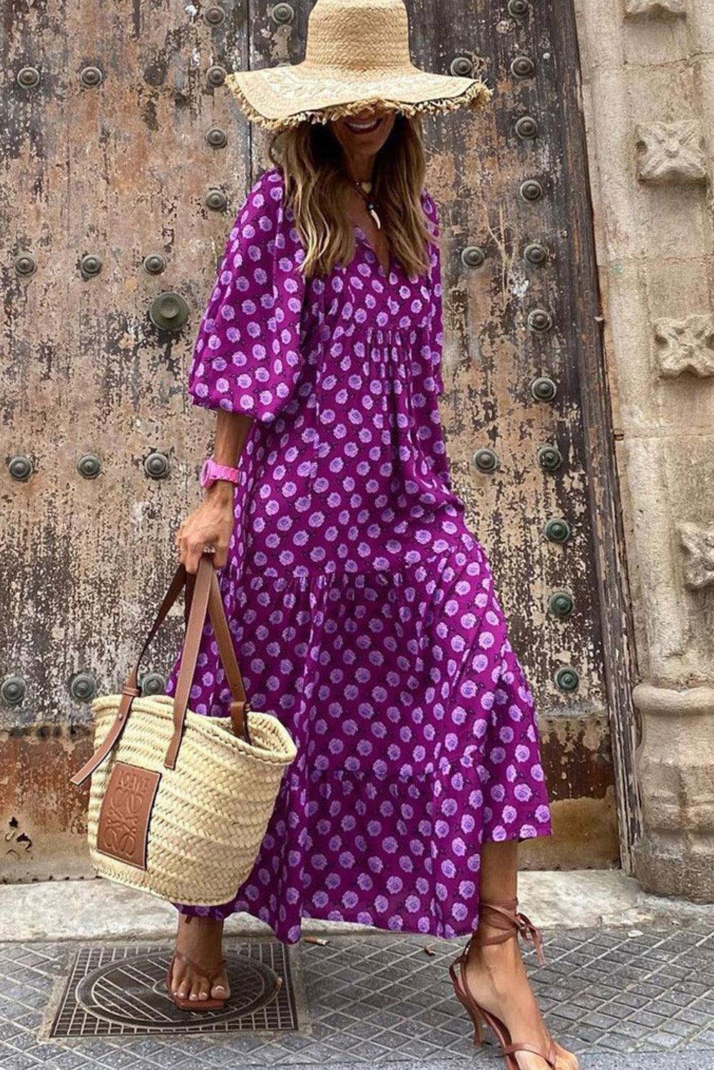 Purple Boho Printed Puff Sleeve Maxi Dress - L & M Kee, LLC