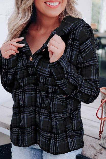 Black Plaid Button Neck Pocketed Pullover Hoodie - L & M Kee, LLC