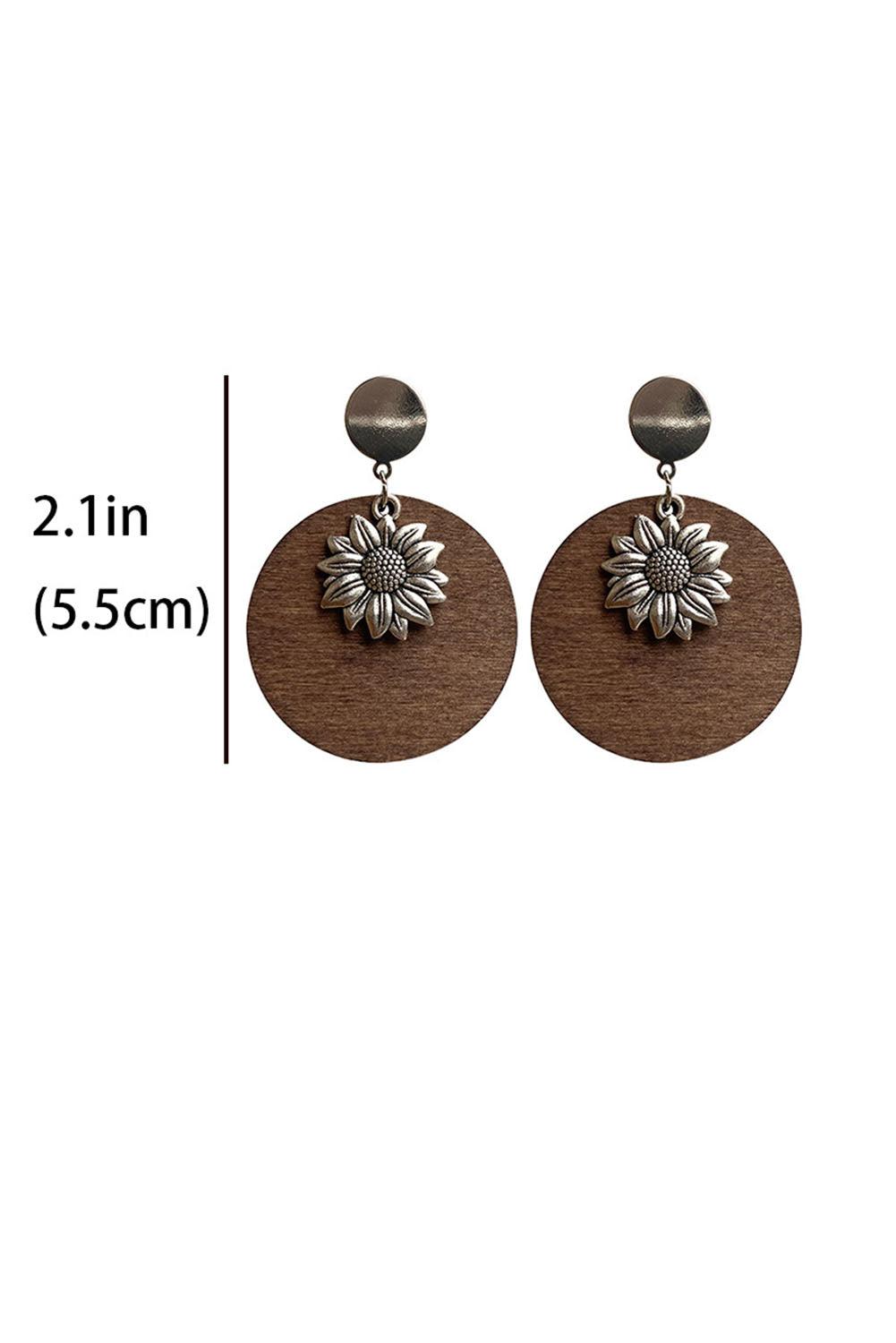 Silvery Retro Sunflower Round Wood Stud Earrings - L & M Kee, LLC