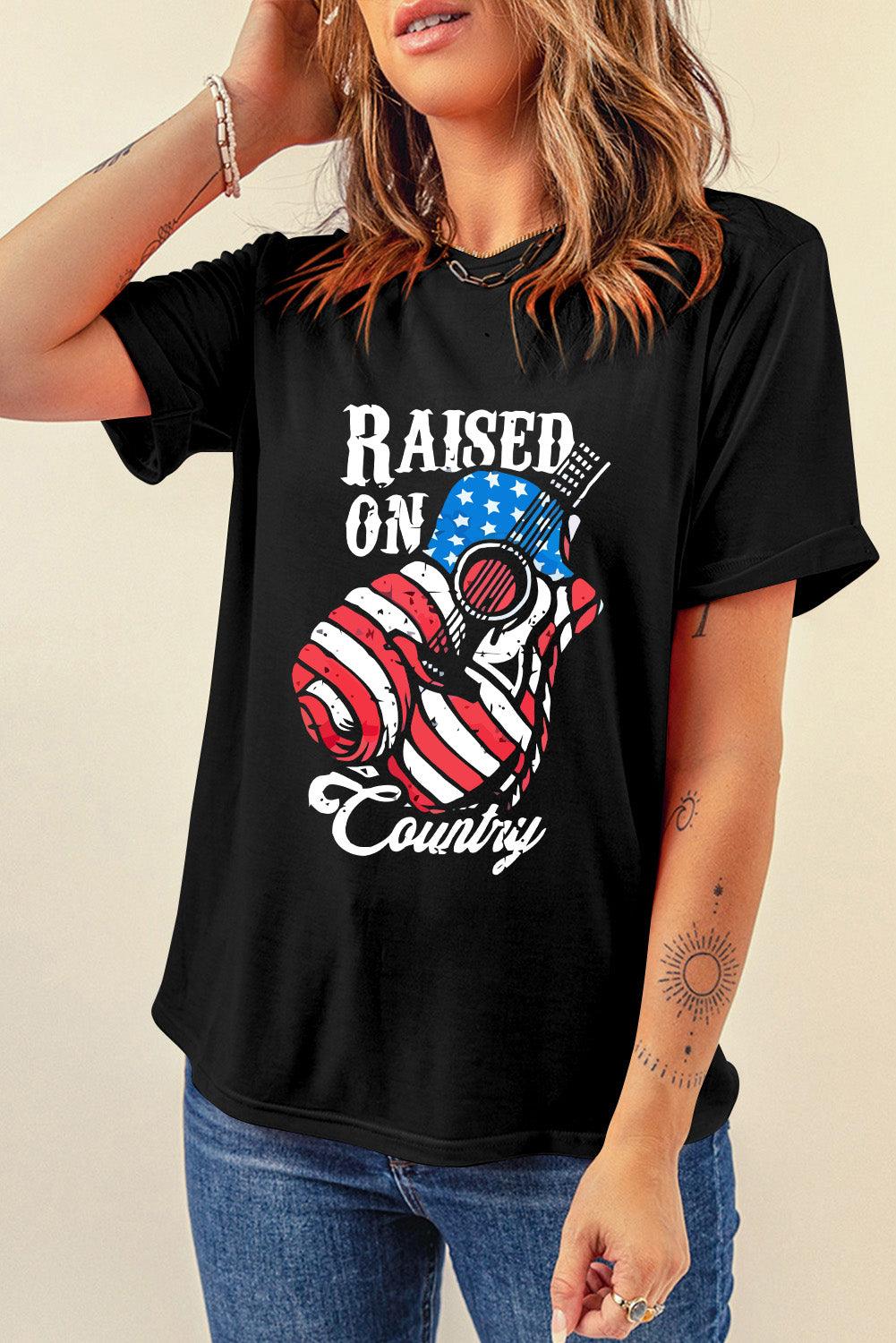 Black Raised On Country USA Flag Guitar Graphic Tee - L & M Kee, LLC