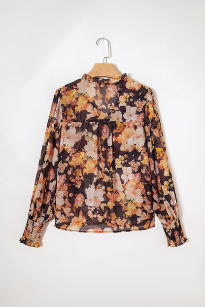 Black Floral V Neck Long Puff Sleeve Breezy Blouse