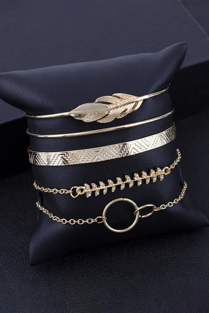 Gold Leaves Retro Pattern Adjustable Plated 5Pcs Bracelet Set