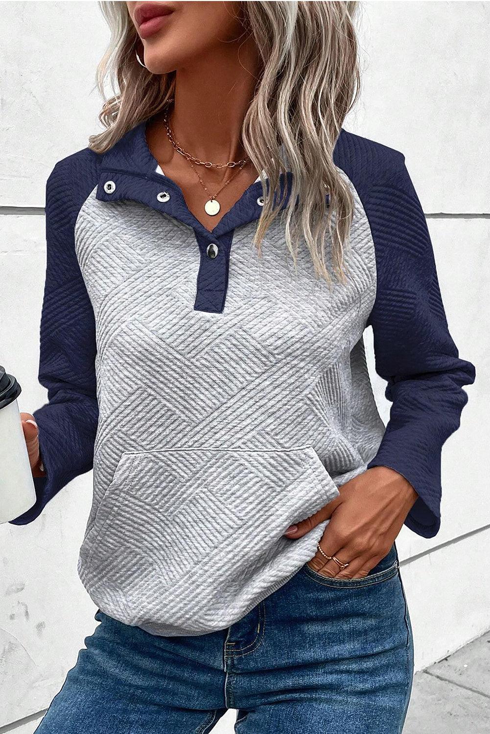 Gray Textured Contrast Splicing Raglan Sleeve Top - L & M Kee, LLC