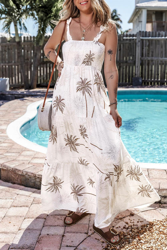 White Tropical Print Smocked Ruffled Straps Maxi Dress - L & M Kee, LLC