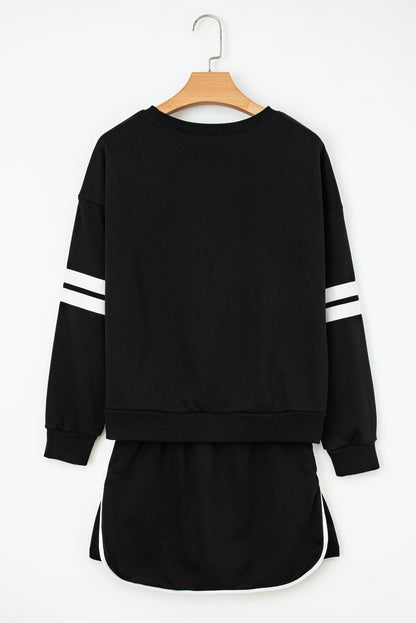 Black Varsity Stripe Detail Drop Shoulder Pullover Mini Skirt Set