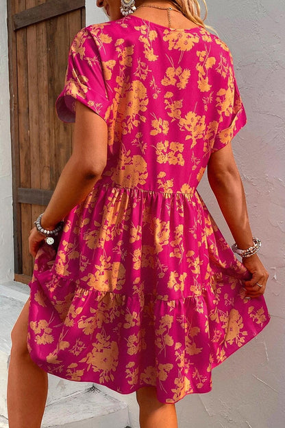 Rose Floral Print Batwing Sleeve Smock Dress - L & M Kee, LLC