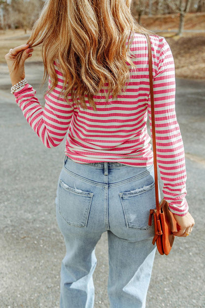 Strawberry Pink Striped Print Textured Knit Long Sleeve Tee - L & M Kee, LLC