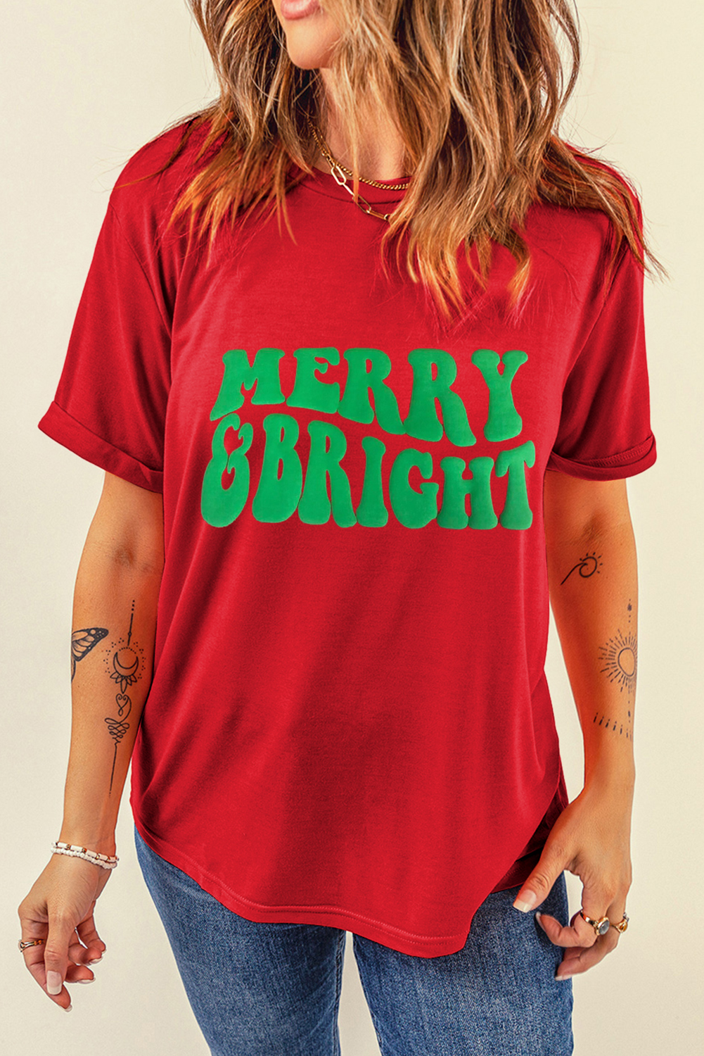 Red MERRY BRIGHT Letter Crew Neck Christmas T Shirt