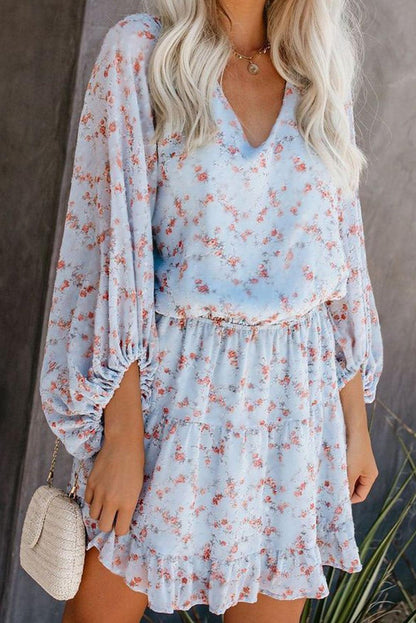 Blue V Neck Lantern Sleeves Floral Tunic Dress - L & M Kee, LLC