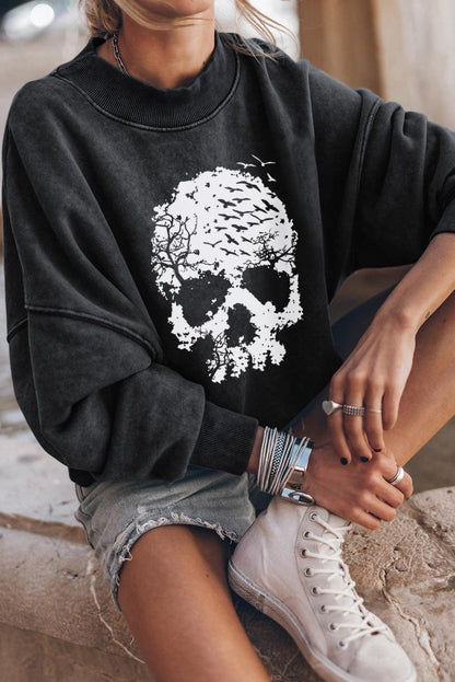Black Scenery Skull Halloween Graphic Drop Shoulder Sweatshirt - L & M Kee, LLC
