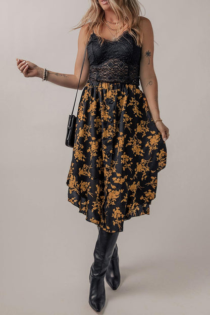 Black Printed Elastic Waist Button Decor Floral Ruffle Skirt - L & M Kee, LLC