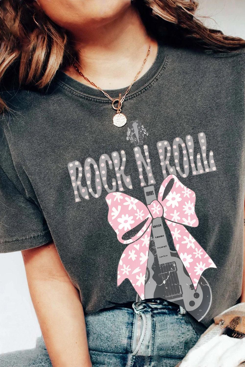 Black ROCK N ROLL Bowknot Guitar Graphic T Shirt - L & M Kee, LLC