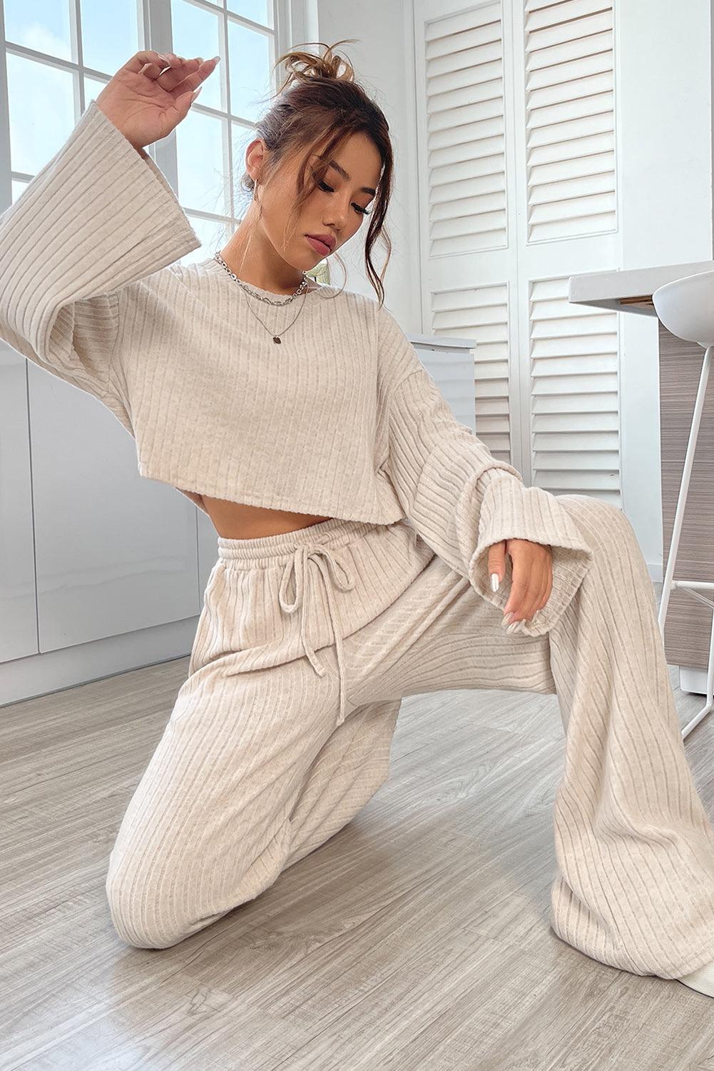 Khaki Ribbed Knit Bell Sleeve Crop Top Drawstring Pants Set - L & M Kee, LLC