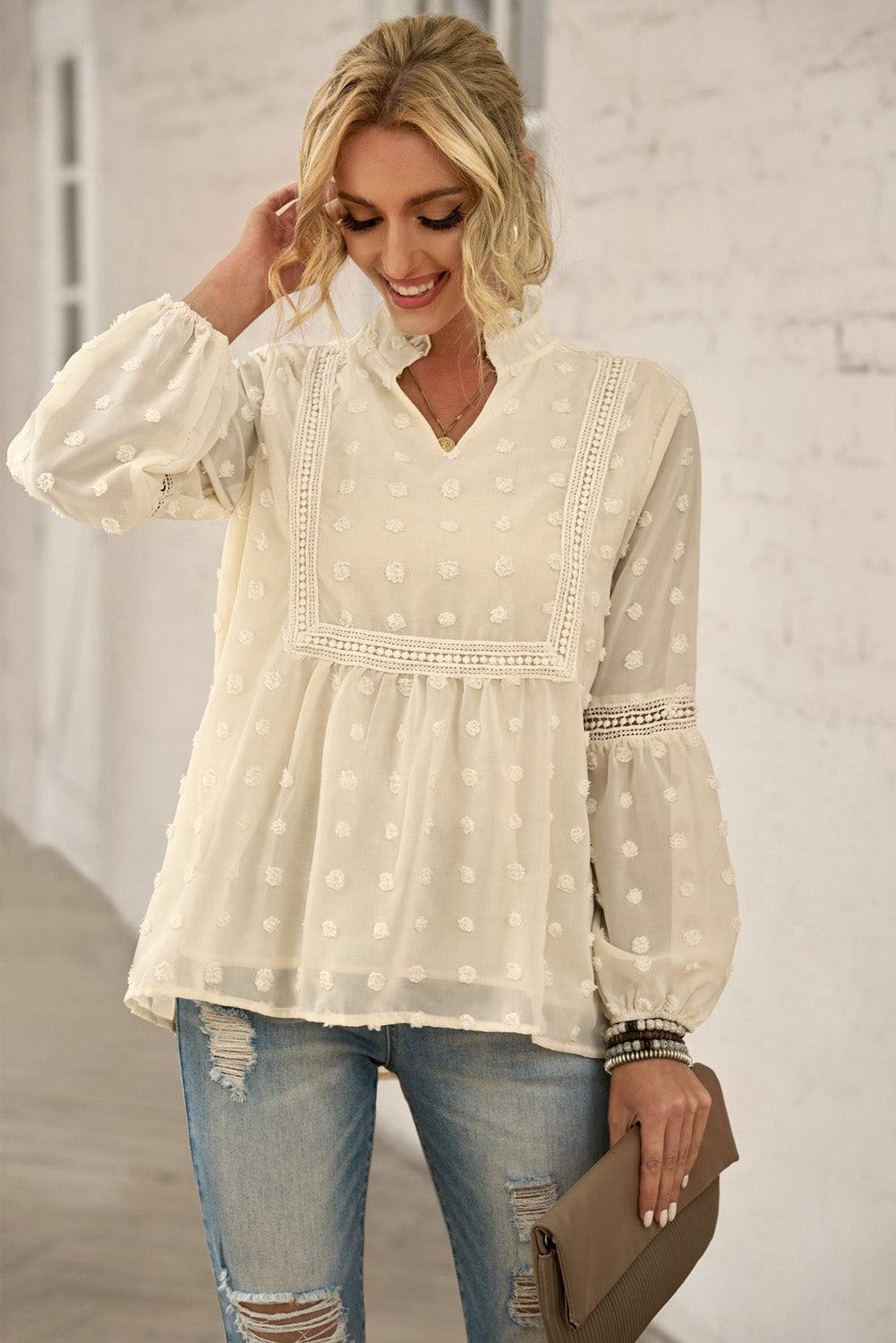 Blue Ruffled Split Neck Lace Hollow Out Puff Sleeve Polka Dot Blouse - L & M Kee, LLC