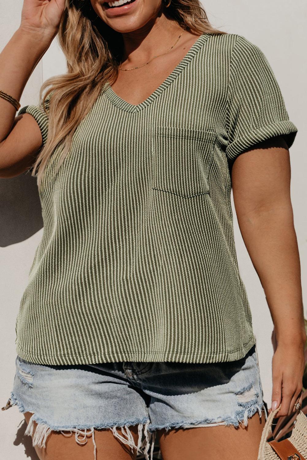 Meadow Mist Green Plus Size Corded V Neck Patch Pocket Tee - L & M Kee, LLC