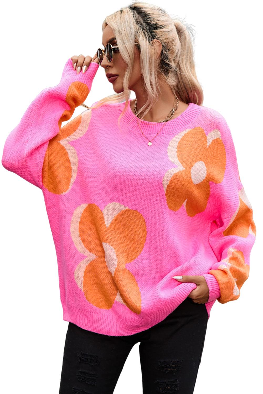 Camel Flower Pattern Slouchy Sweater - L & M Kee, LLC