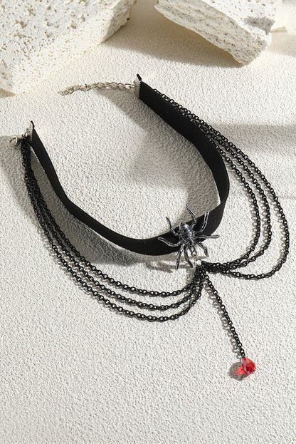 Black Spider Layered Chain Bead Pendant Choker Necklace