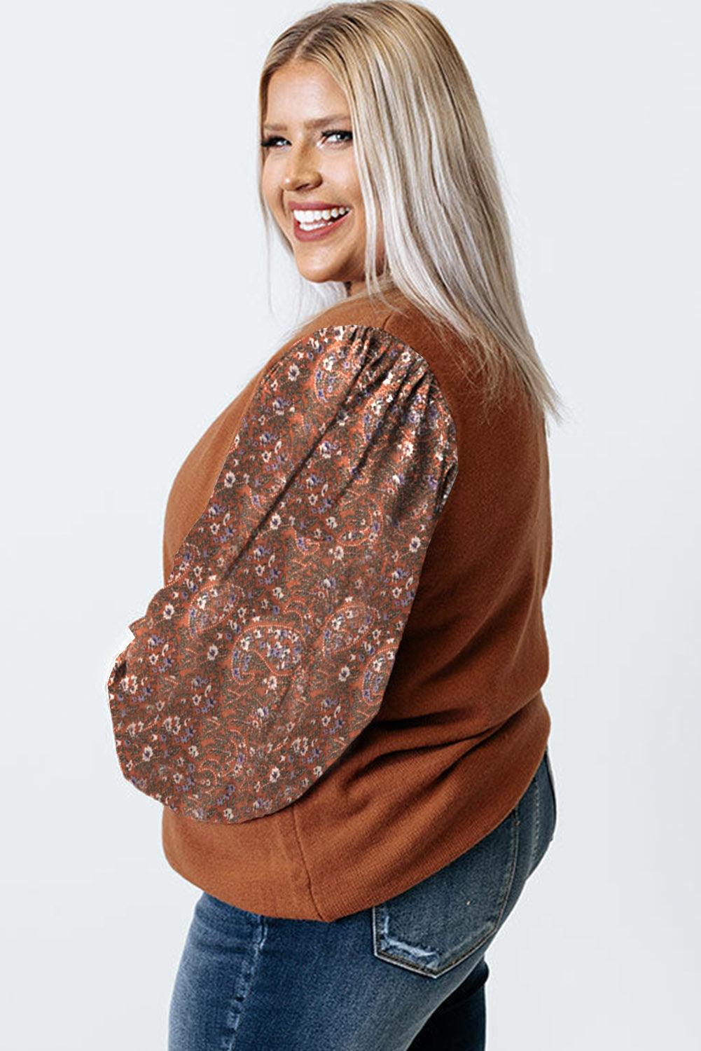 Brown Plus Size Printed Splicing Sleeve Ribbed Trim Sweater - L & M Kee, LLC