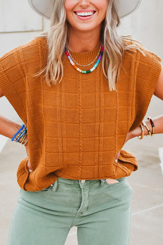 Chestnut Grid Textured Short Sleeve Sweater - L & M Kee, LLC