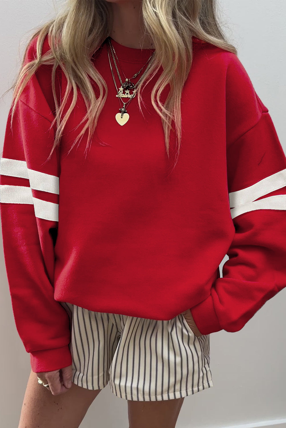 Fiery Red Varsity Striped Detail Drop Shoulder Oversized Sweatshirt