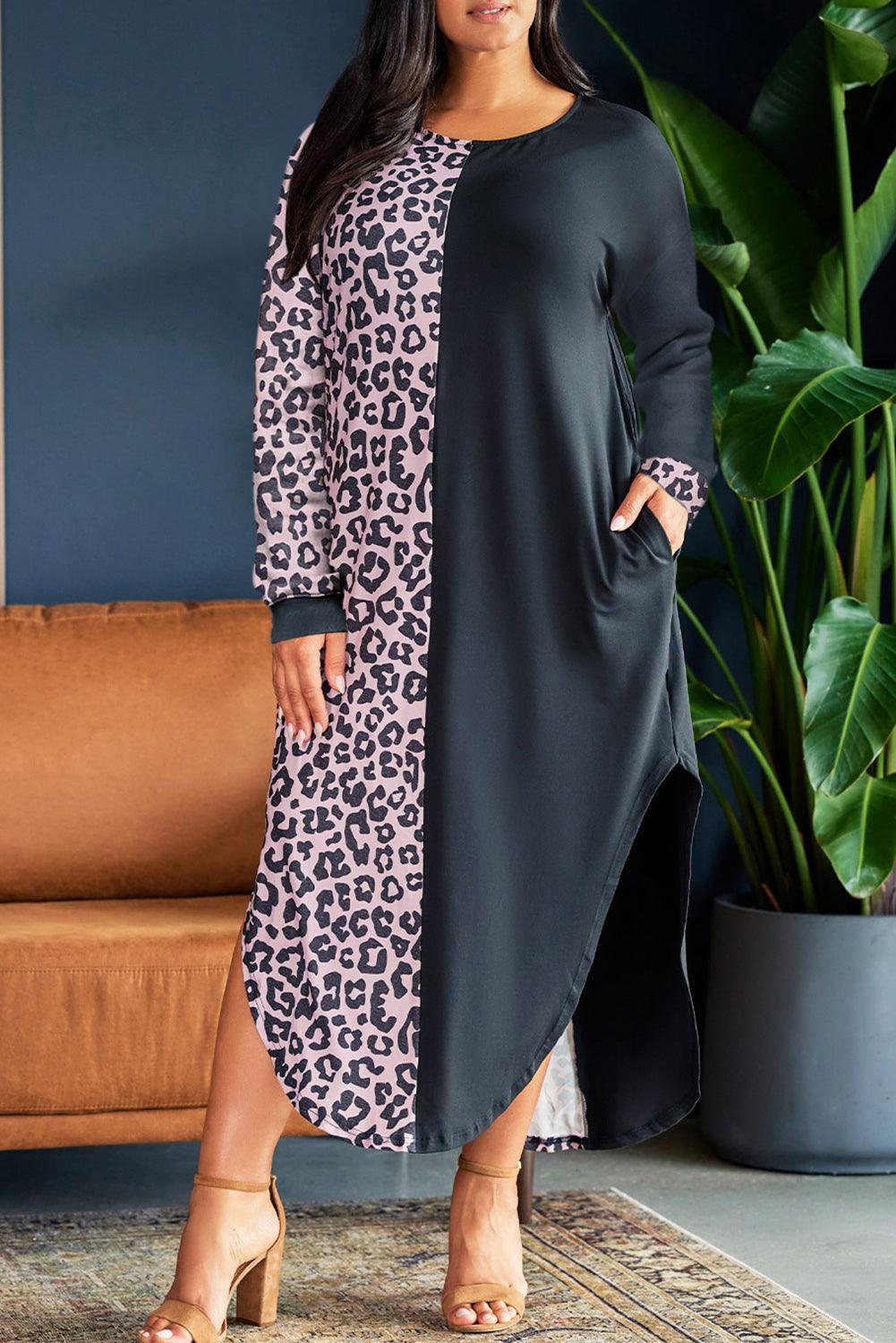 Multicolor Plus Size Leopard Colorblock Long Sleeve T-Shirt Dress - L & M Kee, LLC