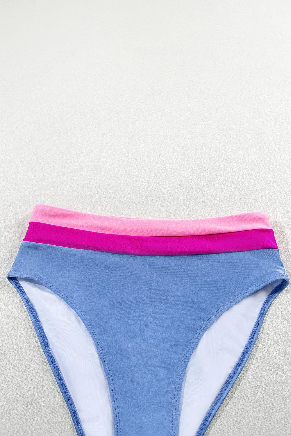 Light Blue Colorblock High Waisted Bikini Swimsuit - L & M Kee, LLC