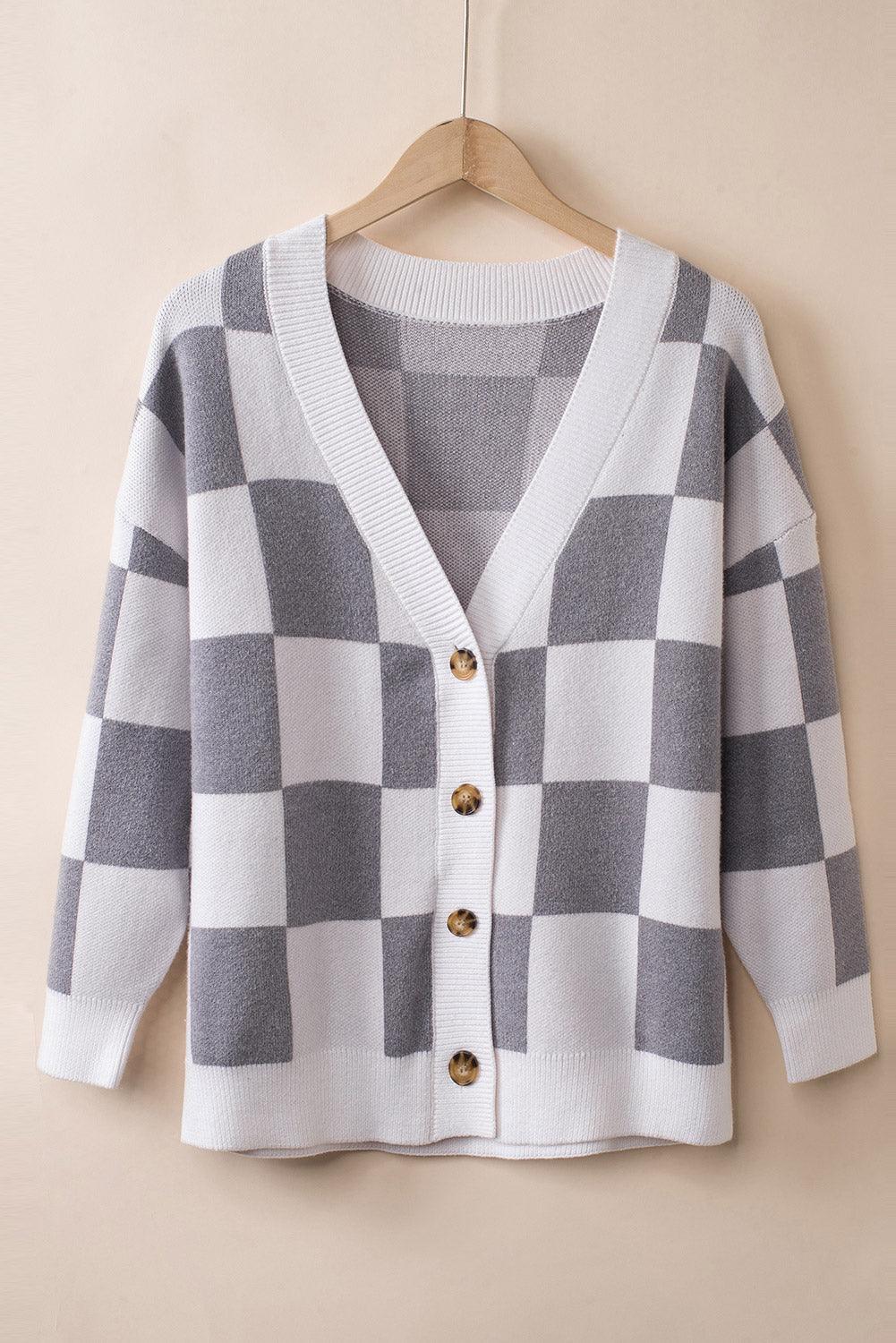 Gray Contrast Checkered Print Button Up Sweater Cardigan - L & M Kee, LLC