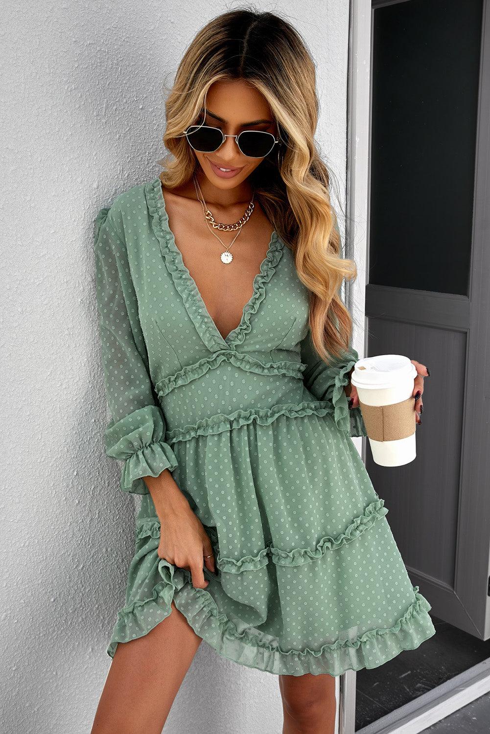 Green Layered Ruffled Open Back Puff Sleeve Swiss Dot Mini Dress - L & M Kee, LLC