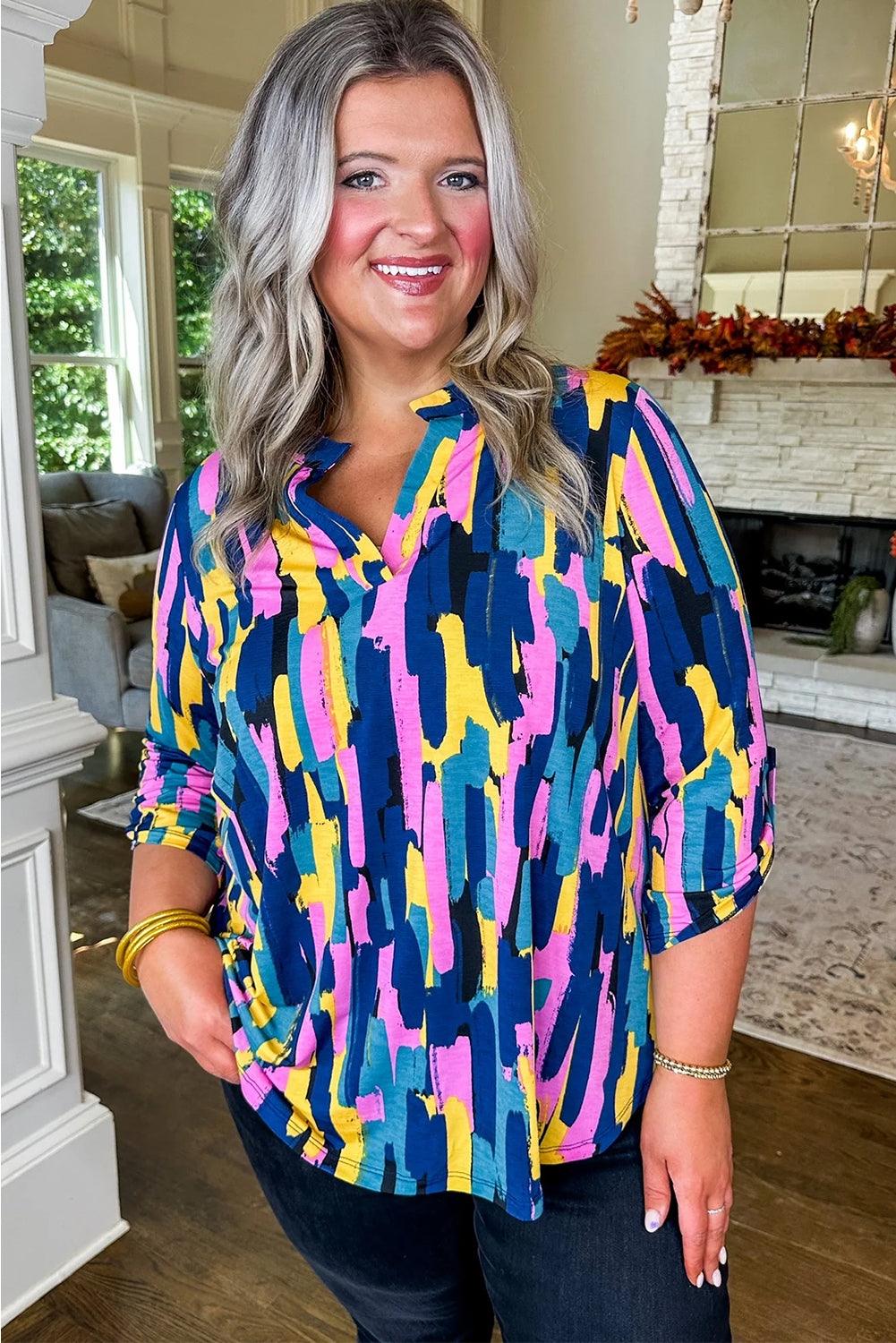 Blue Plus Size Brushstroke Print 3/4 Sleeve Blouse - L & M Kee, LLC